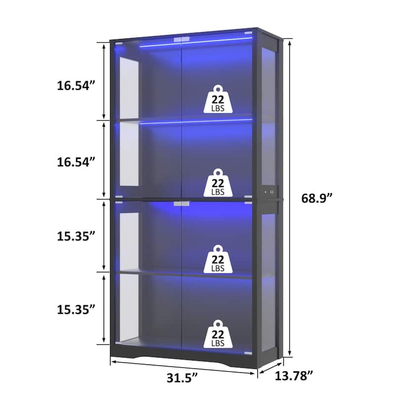VEIKOUS 68.9" Tall Glass Display Cabinet with Built-in LED Lights & Motion Sensor for Lego, Collectibles, Figures