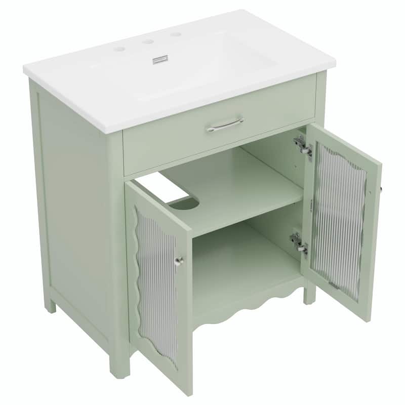 31" Bathroom Vanity with Tempered Glass - Modern Cabinet with Rubber Wood Legs and Soft-Close Doors