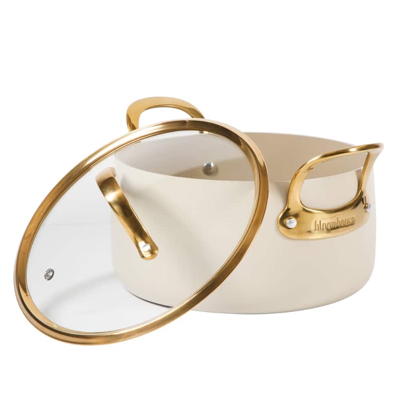 Bloomhouse 6 Quart Heavy Duty Aluminum Premium PFA Free Ceramic Nonstick Dutch Oven Pot with Lid - Almond Cream with Gold Handle