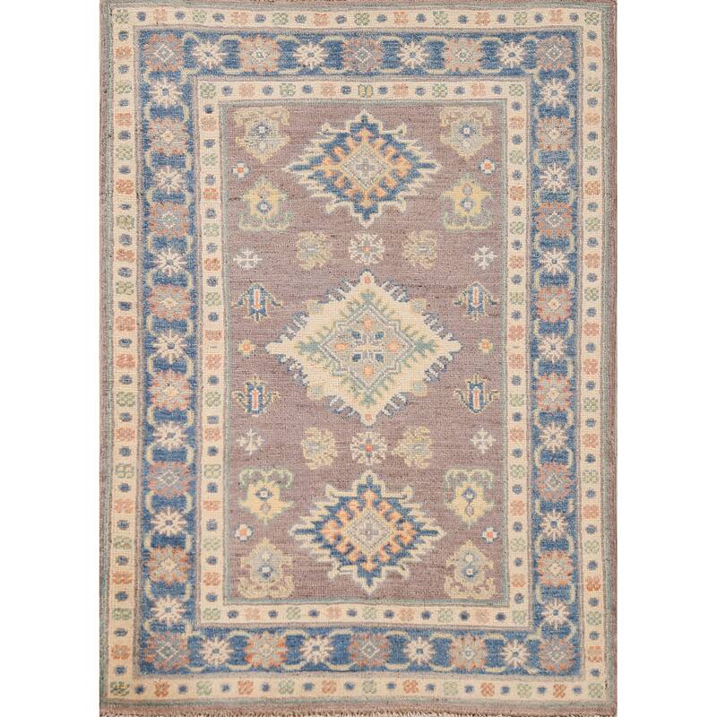 Geometric Kazak Oriental Accent Rug Hand-Knotted Beige Wool Carpet - 2'8"x 3'10"
