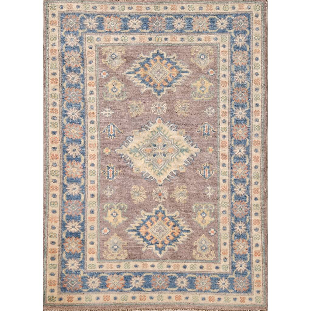 Geometric Kazak Oriental Accent Rug Hand-Knotted Beige Wool Carpet - 2'8"x 3'10"