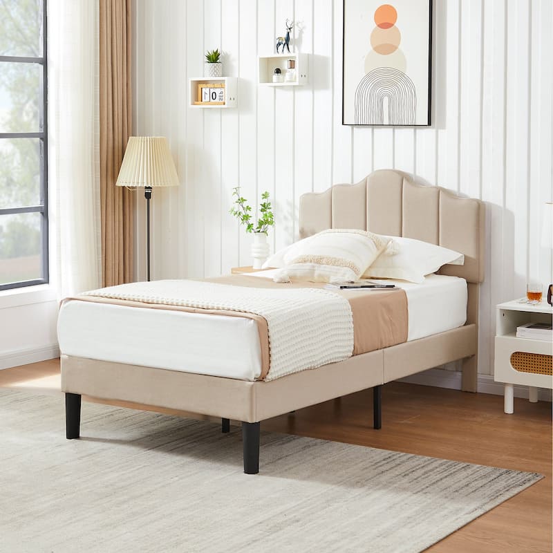 VECELO Modern Upholstered Platform Bed with Adjustable Headboard, Dark Blue/ White/ Grey/ Beige Bed Frames