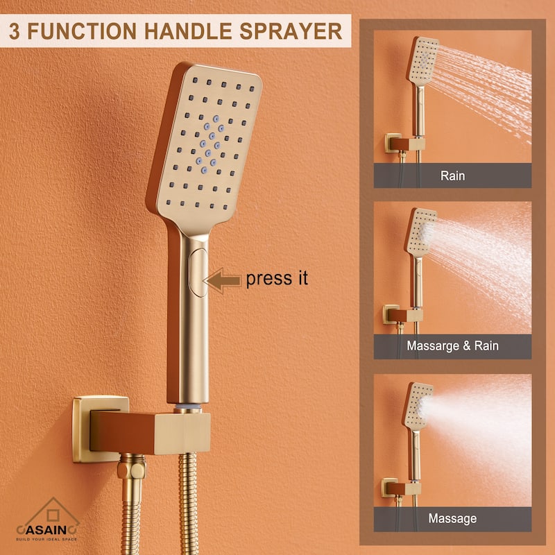 Wall-Mounted Tub Shower Faucets Set with Pre-embedded Valve, 12-inch Square Waterfall Shower Head System(Gold)
