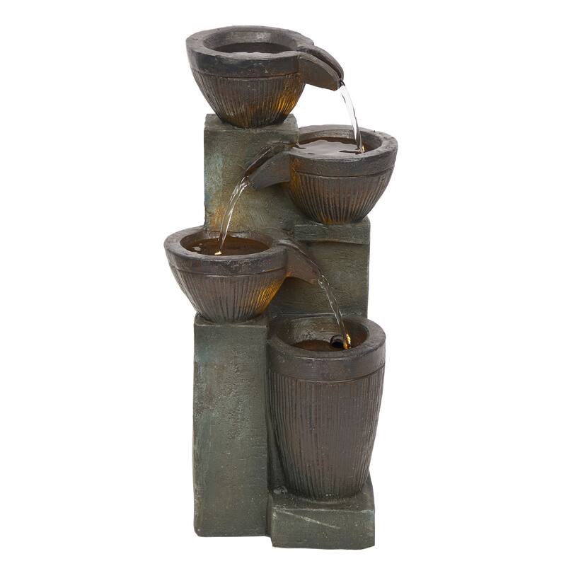 Alpine Corporation TZL416 14" Stoned Jar Water Fountain with Cascading LED Lights for Home, Office, and Desk Decor, Grey
