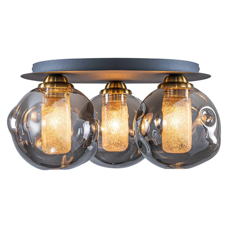 3 Lights Black Flush Mount Ceiling Light with Smoked Glass Shades - Dia.15.74-in