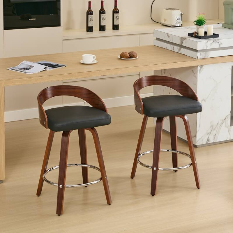 Bar Stools Set of 2, Swivel Bar Height Stools with Low Back - BROWN/BLACK