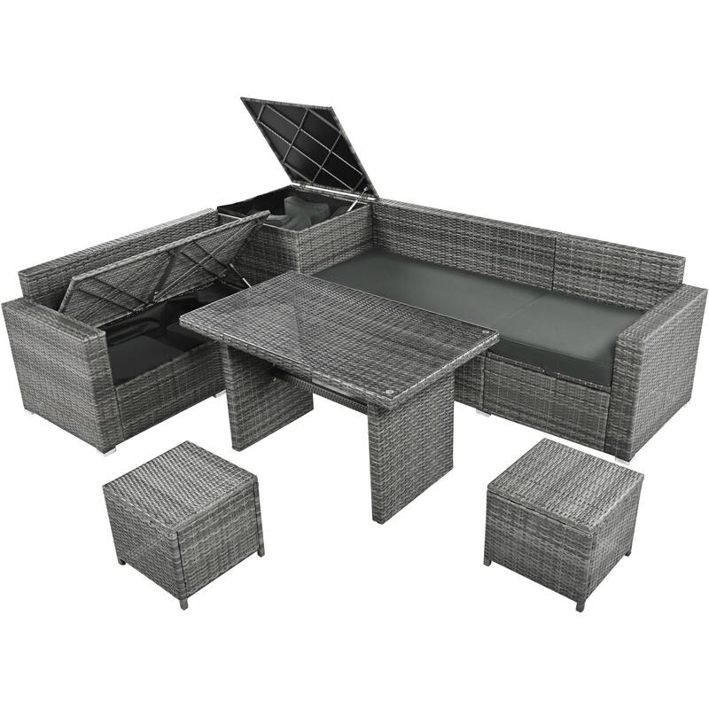 Roomfitters 6-Piece All-Weather PE Rattan Patio Sofa Set with Adjustable Seats, Storage Box and Glass Top Table
