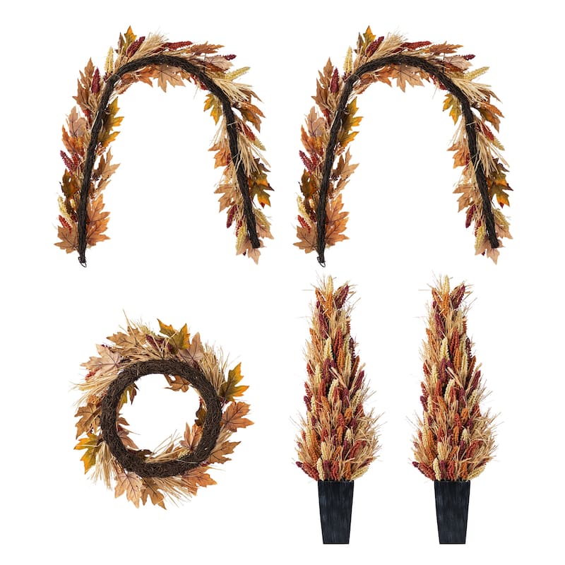 Glitzhome 5-Piece Fall Multi-Colored Sorghum Sunflower Pumpkin Wreath & Garland & Porch Tree Set