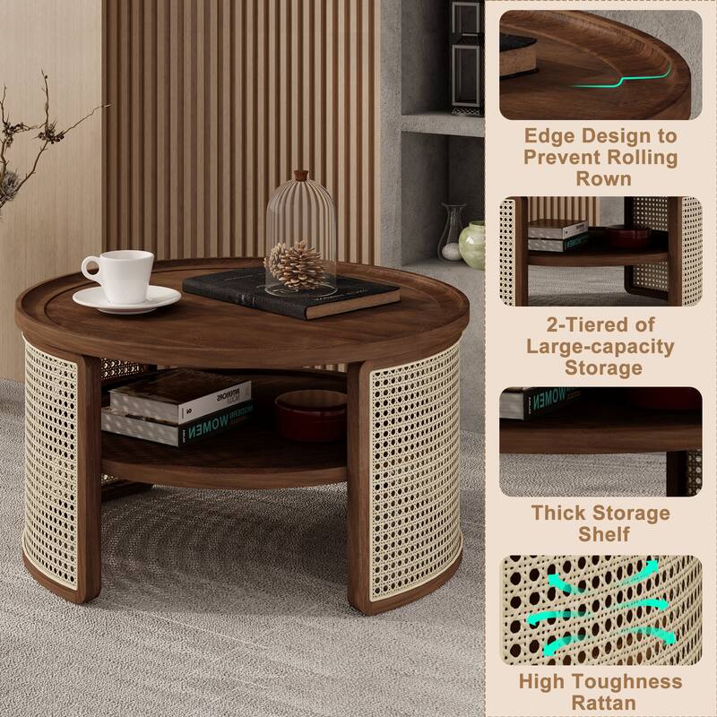 2-Tiered Round Coffee Table with Curved-Edge Top & Rattan Base, Boho Wood Center Table with Storage Shelf for Living Room