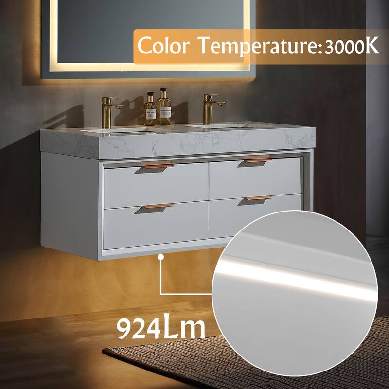 36/48/60 Modern Floating Bathroom Vanity with Sinle/Double Sink & Soft-Close Drawers & LED Lighting & Waterproof, White