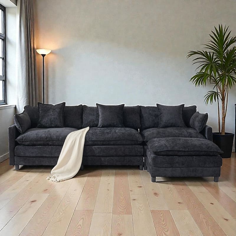 108 Inch L Shaped Modular Sectional Sofa, Chenille Cloud Couch with Ottoman, Deep Seat Modern Sofa