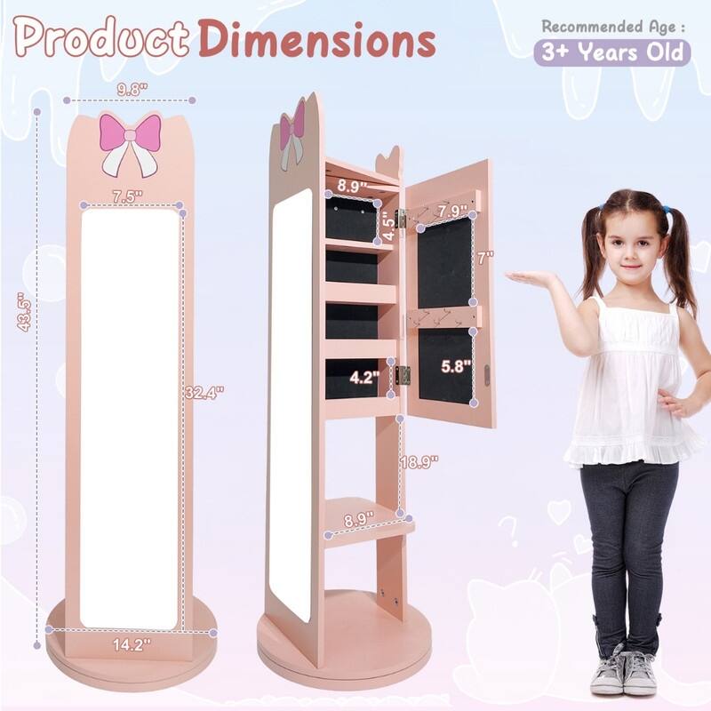 Kids MDF Jewelry Cabinet In White Jewelry Armoire With Rotatable Base, 1 Door And 1 Shelf - N/A