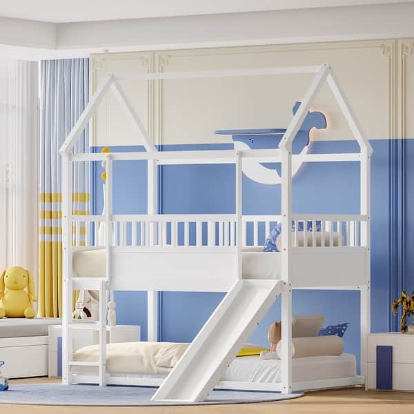 slide 2 of 16, Wooden House Bunk Bed with Convertible Slide and Ladder,Twin Over Twin White - Twin