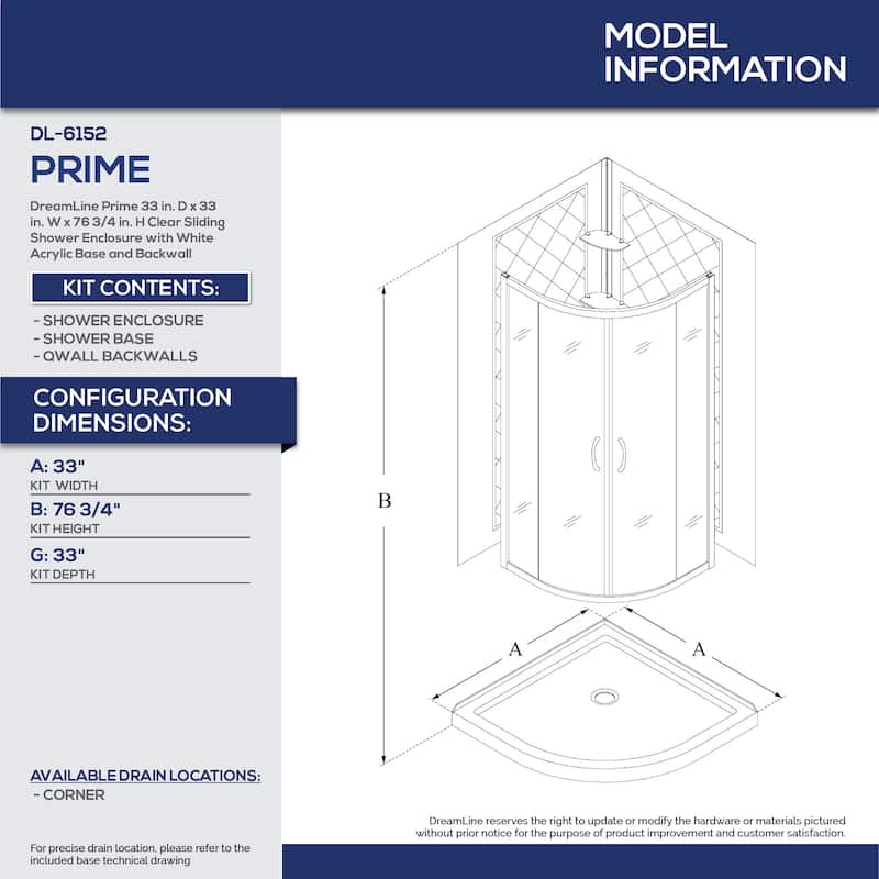 DreamLine Prime 33 in. x 33 in. x 76 3/4 in. H Shower Enclosure, Shower Base and Acrylic Backwall Kit