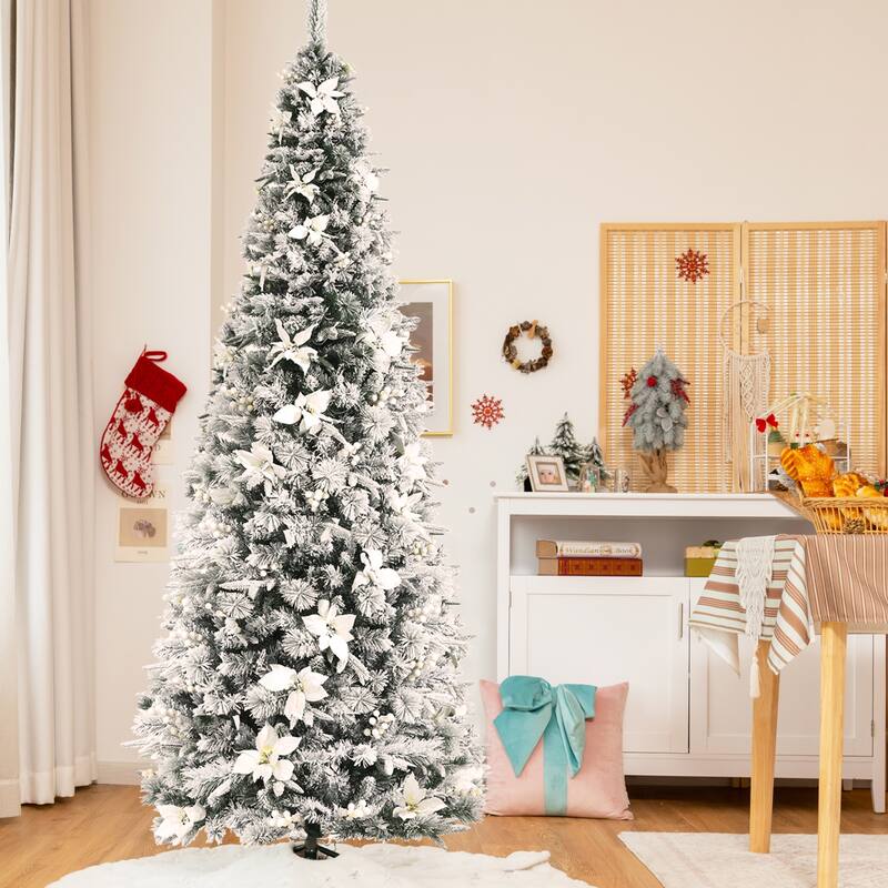 Gymax 5/6/7/8 FT Artificial Snow Flocked Pencil Christmas Tree w/ - 8 Foot