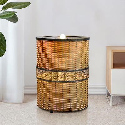 Indoor 16.9in H Round Rattan Water Fountain w/LED Light for Home Decor