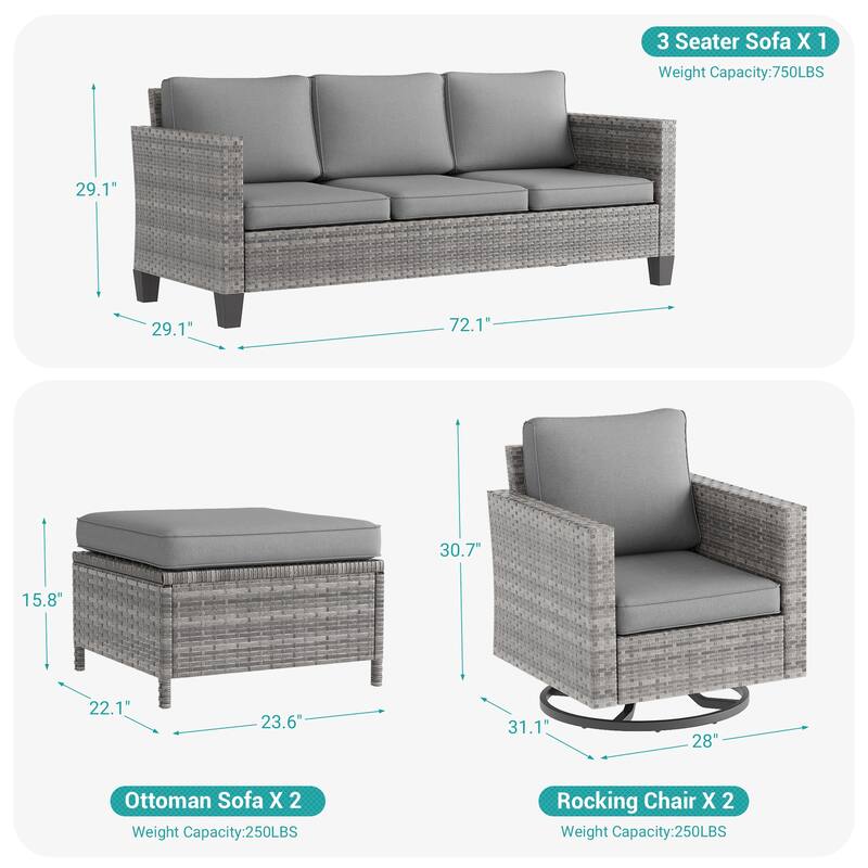 BONOSUKI 5Pcs Patio Furniture Swivel Rocking Sofa Set Grey Rattan