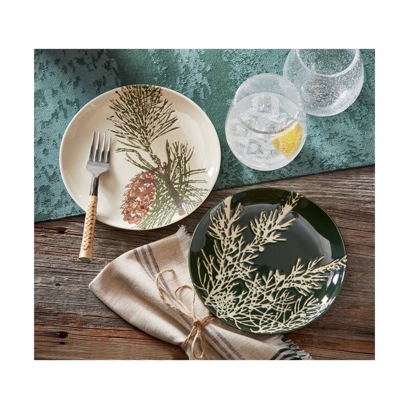 Wilde Pine Bough Appetizer Plate - Multicolor Ceramic Dining Plates for Christmas - Dishwasher Safe 7.25" x 7.25"