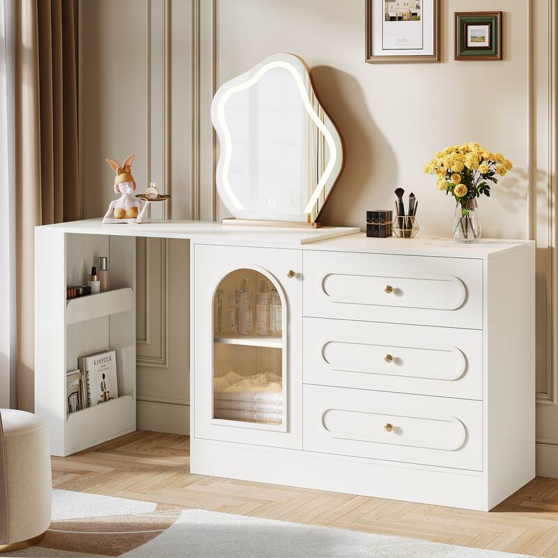 360° Rotatable Vanity Desk with 3 Drawers, Modern White Corner Vanity
