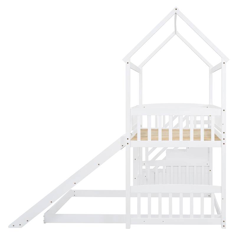 Twin Over Full Bunk Bed with Slide and Storage, White/Gray, Space-Saving Design