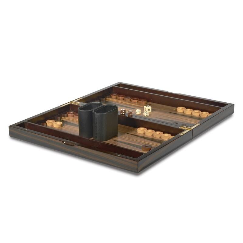 Curata Backgammon Set in High Gloss Ebony Finish Wood Case - Brown