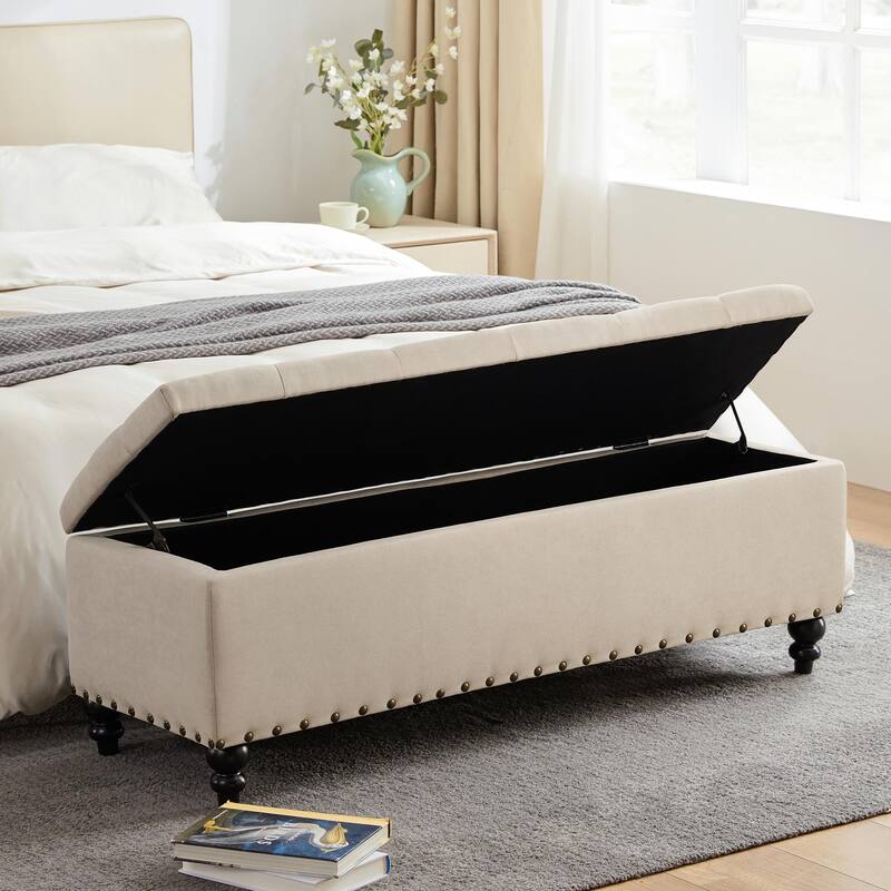 50-inch Button-Tufted Storage Bench Ottoman with Removable Tray for Living Room Bottom rivets design