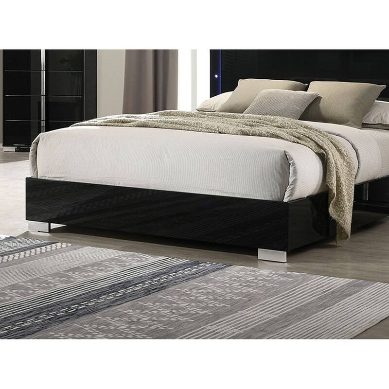 Queen Size Bed with LED Headboard, Piano Black Finish, Chrome Legs, Modern Design