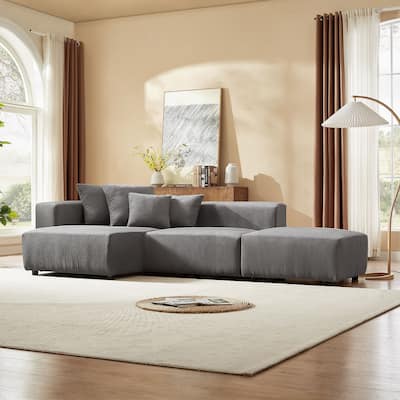 Modular Soft Corduroy Sectional Sofa Set with 4 Pillows, Living Room L-Shape Chaise Sofa Set with Armless Chair and Ottoman
