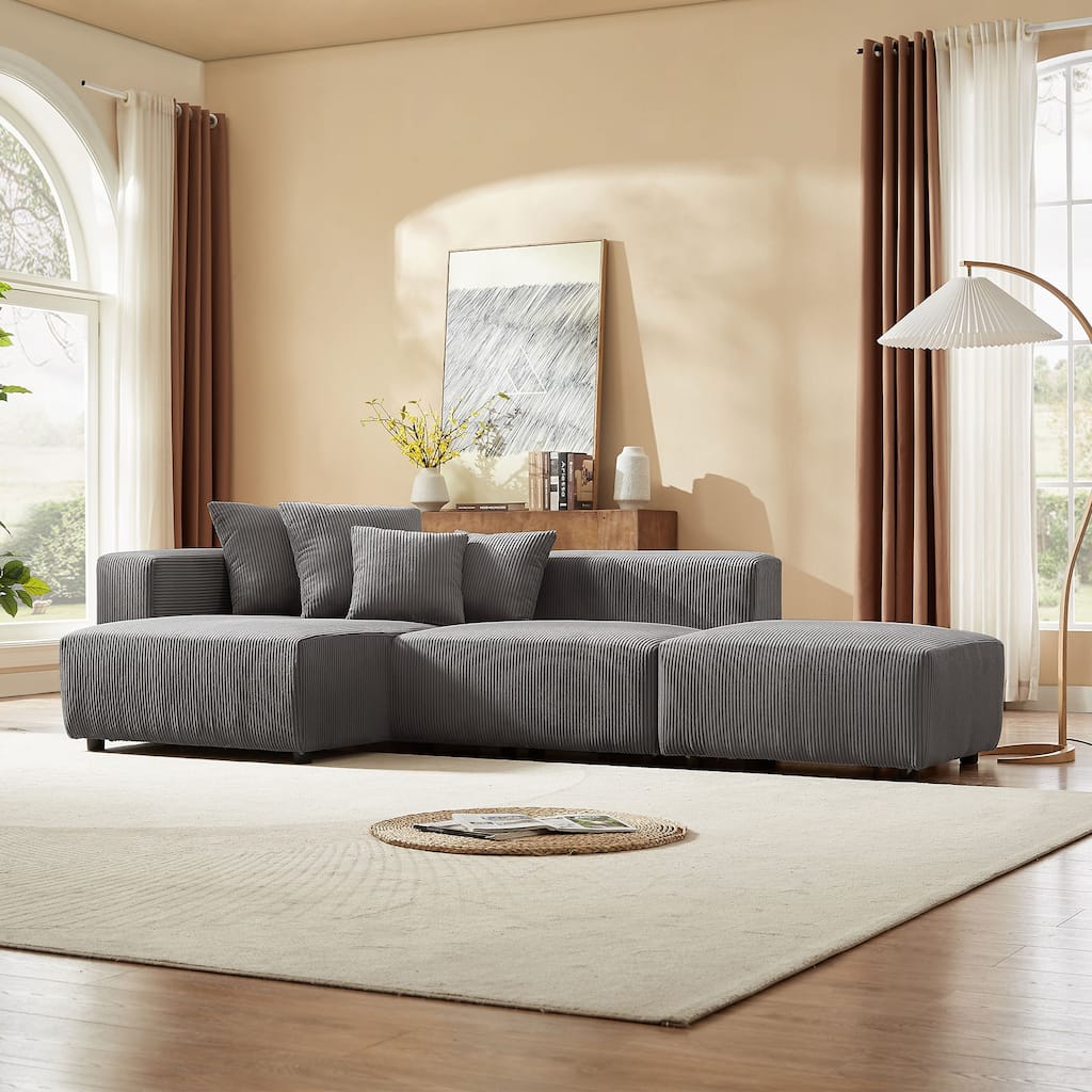 Modular Soft Corduroy Sectional Sofa Set with 4 Pillows, Living Room L-Shape Chaise Sofa Set with Armless Chair and Ottoman