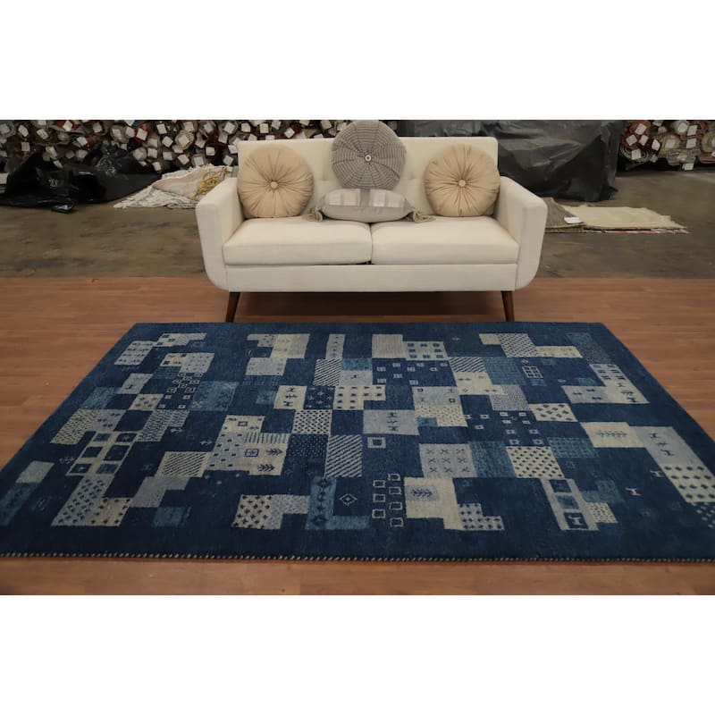 Hand Knotted Oriental 100% Wool Carpet Modern Geometric Navy Blue & Blues Gabbeh Area Rug - 7' 10'' X 5' 4''