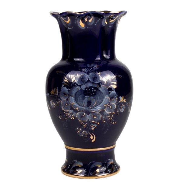 Gzhel White Roses 8.5" Dark Blue Cobalt Gold Plated Porcelain Vase. Opens flyout.