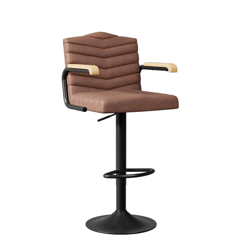 Javlergo 2-Piece & 4-Piece Adjustable Height Bar Stools Brown PU Leather with Armrests Arc Footrest Base for Kitchen or Bar