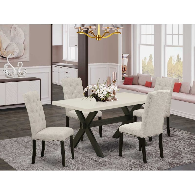HomeStock 5-Piece Rectangle Natural Oak Finish Solid Wood Top Dining Table with 4 Upholstered Chairs with Lattice Back