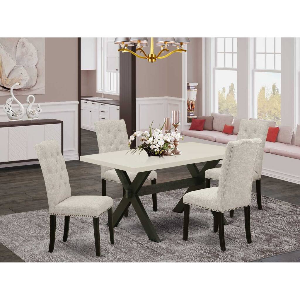 HomeStock 5-Piece Rectangle Natural Oak Finish Solid Wood Top Dining Table with 4 Upholstered Chairs with Lattice Back