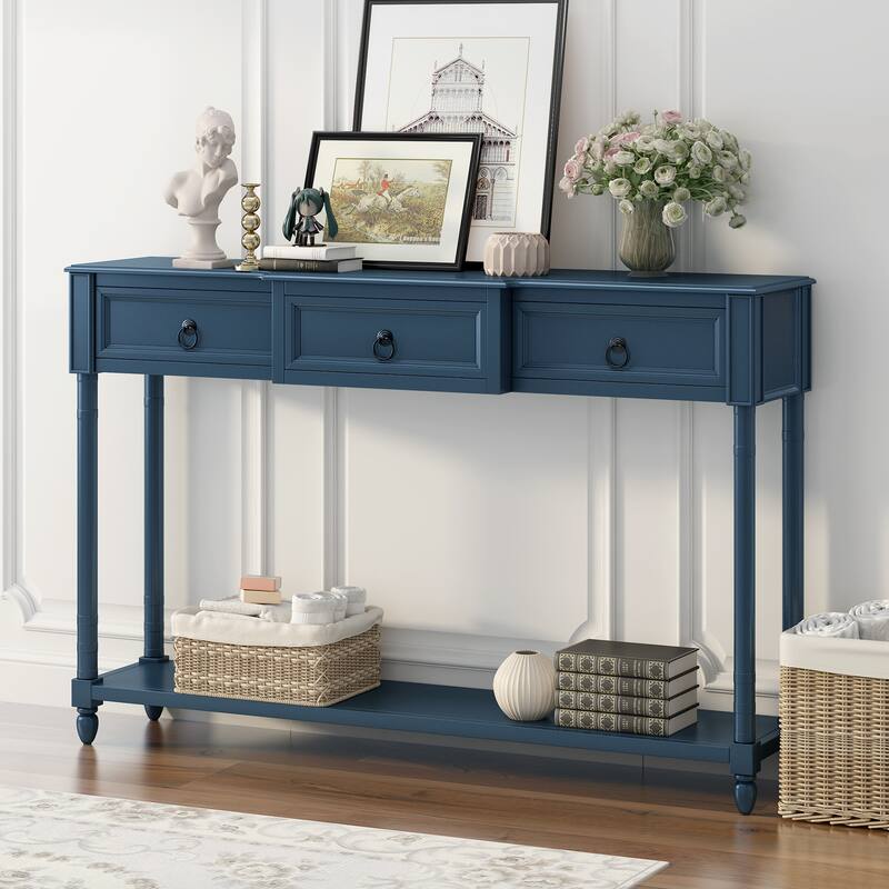 Console Table Sofa Table with Drawers for Entryway with Drawers and Shelf - Navy Blue