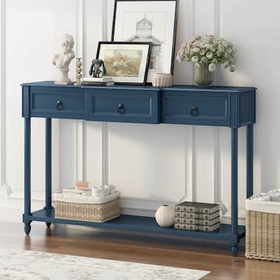 Pine Veneer Long Entryway Table, Console Table Sofa Table with 3 Storage Drawers & Open Storage Shelf, Tapered Table Legs Blue