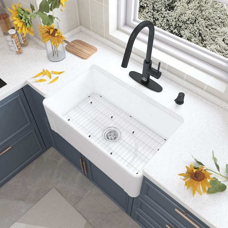Fireclay Farmhouse/Apron-Front Frame Design Reversible Installation Single Bowl Kitchen Sink with Kitchen Faucet and Accessories - 30 x 18 - Sink + Matte Black Pull Down Kitchen Faucet