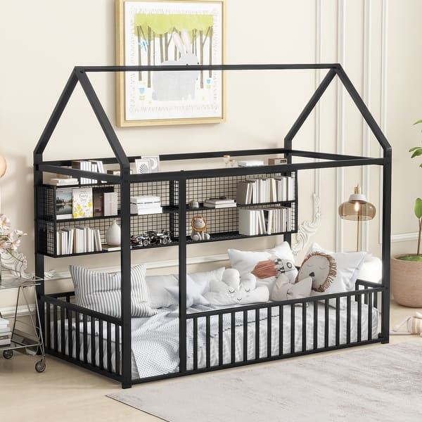 slide 2 of 12, Twin Size Metal House Bed Frame with Storage Shelves and Fence, Space Saving Design Black