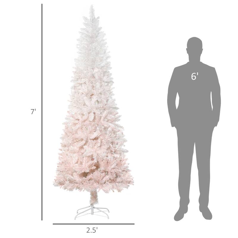 6ft/7ft Unlit Pencil Christmas Tree with White and Pink Gradient, Slim Design for Small Spaces