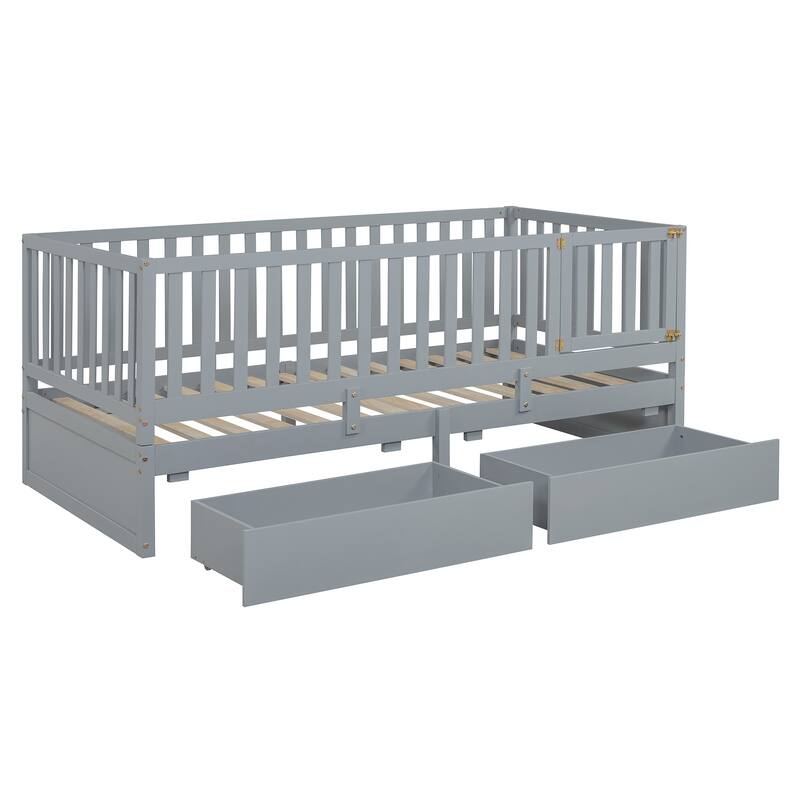 Pine Wood Daybed Floor Bed Frame with Fence Guardrails and 2 Drawers, Converts into Two Individual Beds, No Box Spring Needed