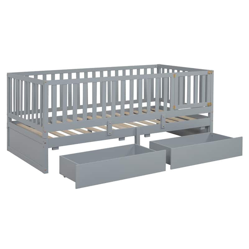 Twin Size Wood Daybed with Fence Guardrails and 2 Drawers, Split into Independent Floor Bed & Daybed, Gray