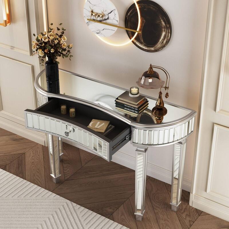 47" Half-Moon Mirrored Console Table with Fluted Glass and Storage Drawer for Stylish Entryway or Vanity