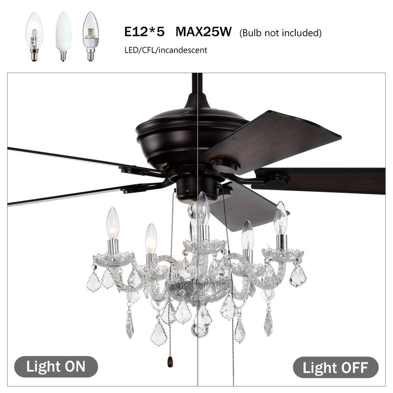 2-in-1 Ceiling Fan with Crystal Chandelier & 3-Speed Reversible Motor, Dual Finish Blades, Timer Function