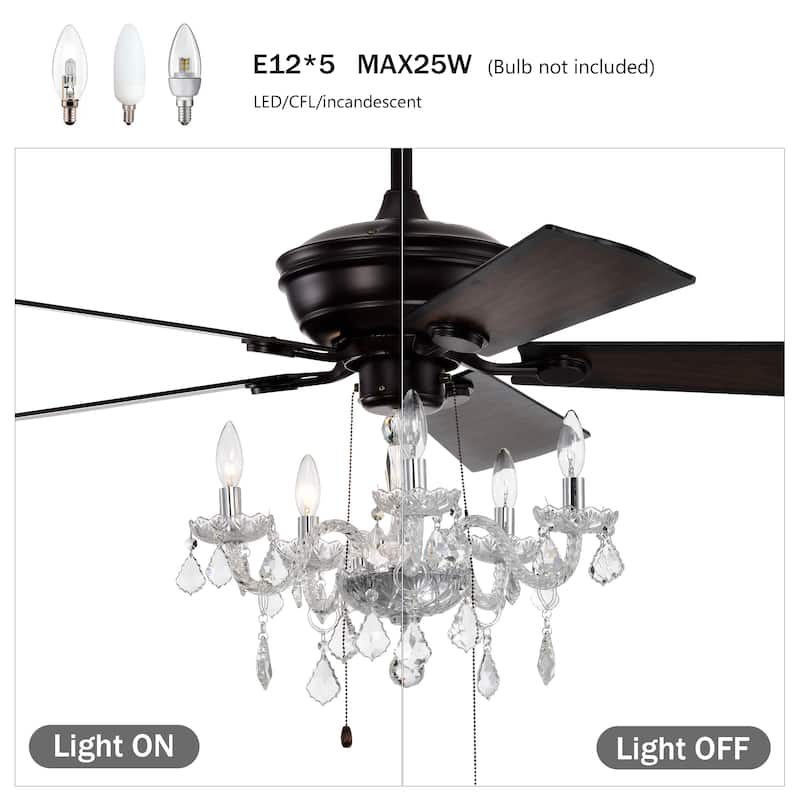 Sofucor 52" Ceiling Fan with Light Remote, Classical Crystal Chandelier fan, 5 Reversible Blades & Reverse Airflow - 52 Inches