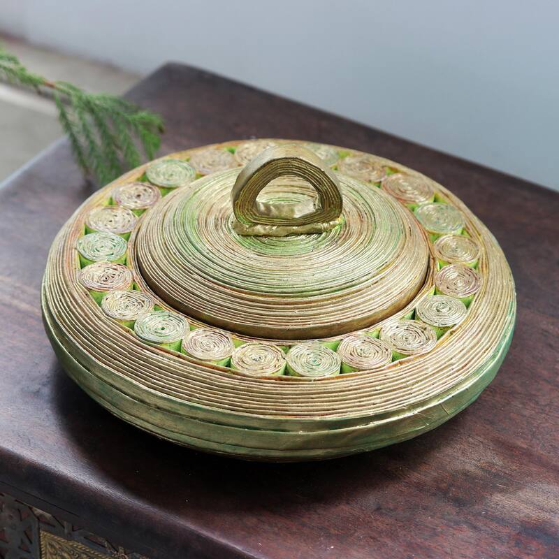 Novica Handmade Glittering Green Eco-Friendly Paper Basket