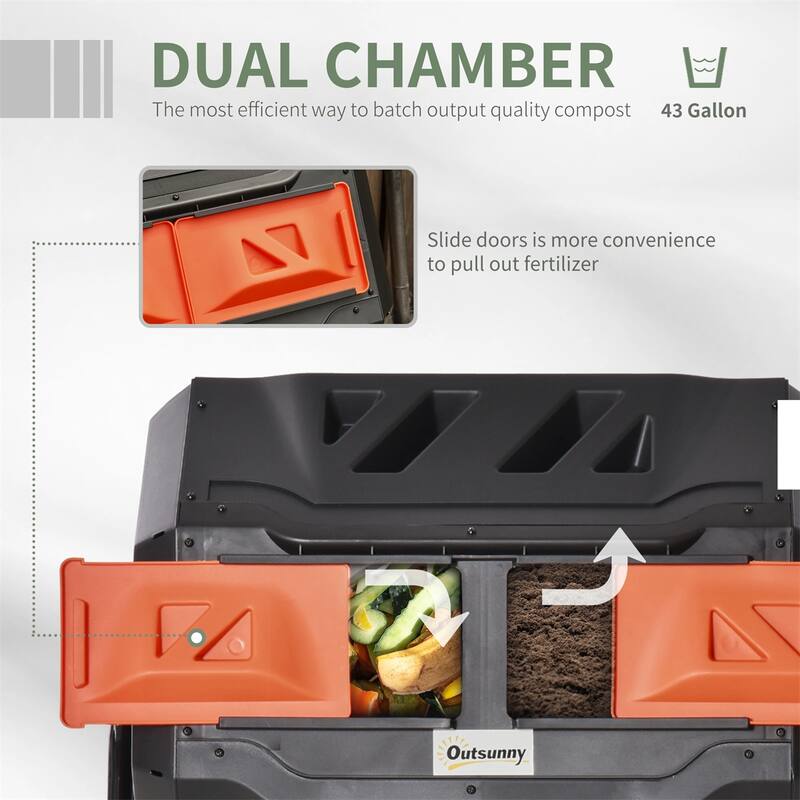 42.3 Gallon Dual-Chamber Rotating Compost Bin Outdoor Garden Tumbler with Ventilation Durable Steel and PP Orange