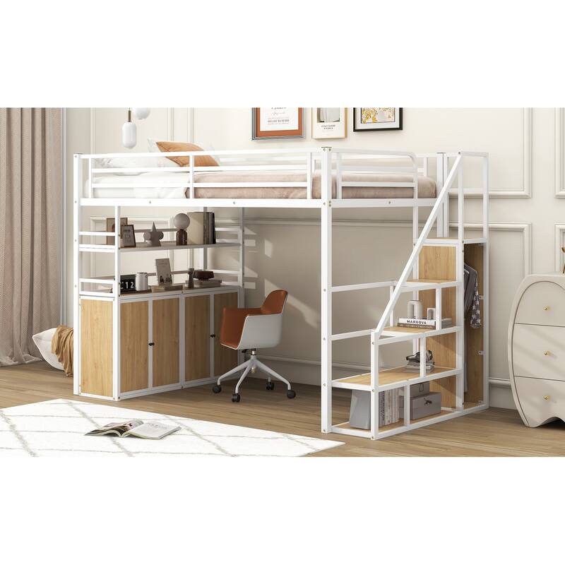 Full Size Metal Loft Bed with Storage Staircase, Wardrobe, Shelves, and Lockers in White