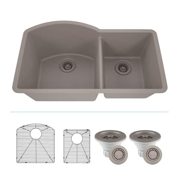 slide 2 of 13, Lexicon Platinum Quartz 32 Inch 70/30 Double Bowl Kitchen Sink with Bottom Grids and Strainers and Disposal Flange Galaxy Concrete