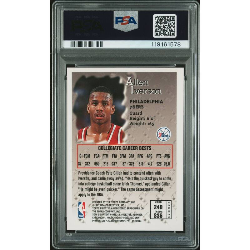 Allen Iverson 1996 Topps Finest Signed Basketball Rookie Card #240 Auto Graded PSA 10 Cert # 119161578 - 8' x 11'