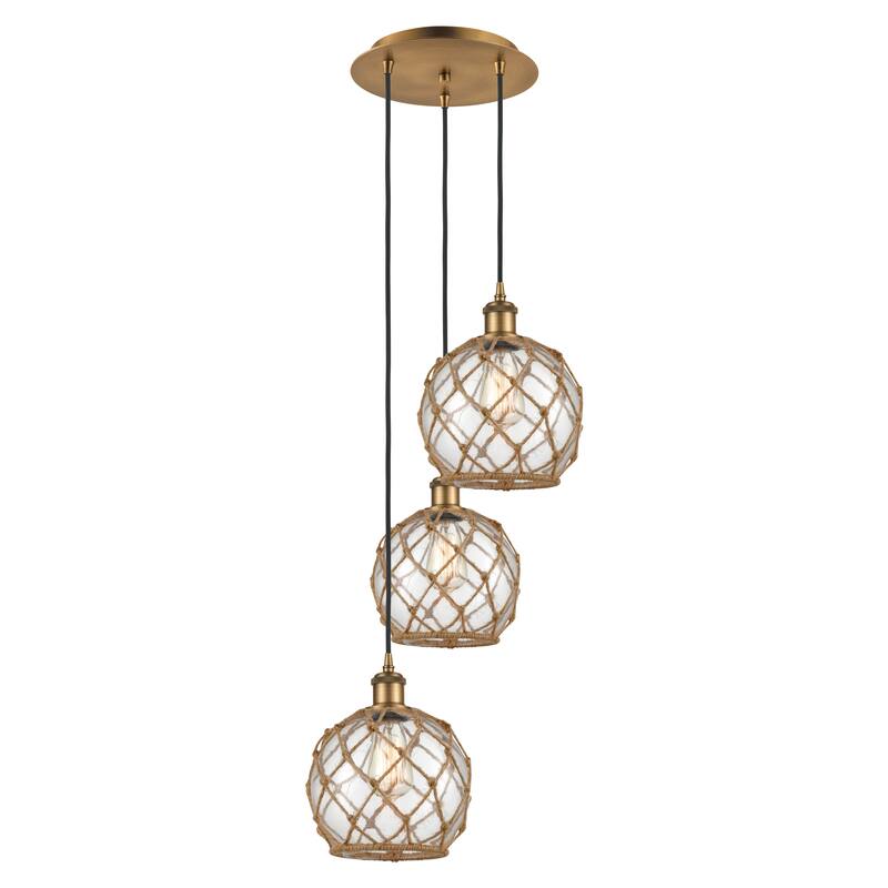 Innovations Lighting Endless Possibilities Ballston - Farmhouse Rope - 3 Light 15" Cord Hung Multi Pendant - Brushed Brass/Clear Glass with Brown Rope